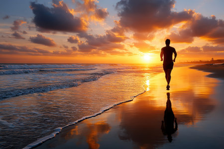 A silhouetted person runs along the beach at sunsetの写真素材