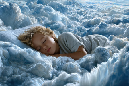 A young child rests comfortably on fluffy clouds, surrounded by a serene, dreamy blue atmosphere.の写真素材