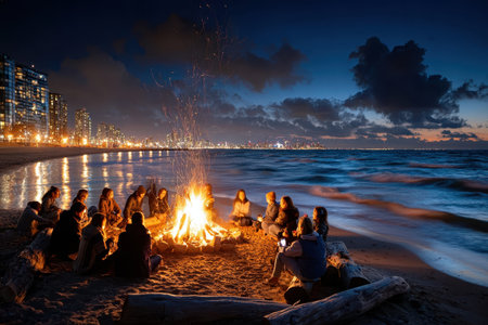 A group of people enjoying a bonfire on a beach at night, with a warm, communal mood, shot with a 35mm lens, capturing the simple joys of togetherness, ultrarealistic photoの写真素材