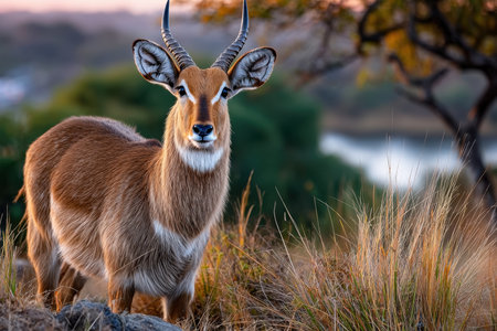 An antelope stands alert in a grassy field with blurred backgroundの写真素材