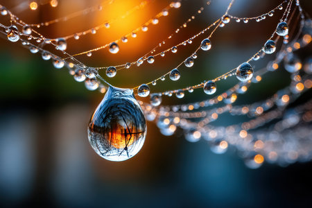 Closeup of dewdrops on a spider web at sunriseの写真素材