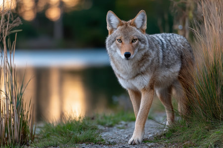 A coyote walks along a path near a body of water at sunsetの写真素材