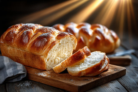 Freshly baked loaf of bread and sliced pieces on a wooden boardの写真素材