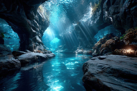 Sunlit underwater cave with rocks, coral, and fishの写真素材