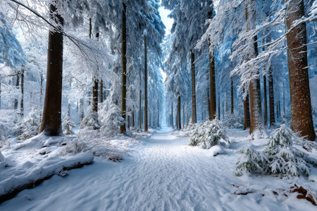 A snowy path winds through a serene forest of frost-covered treesの写真素材