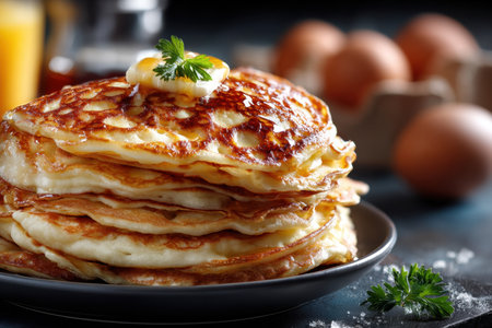 A stack of pancakes topped with butter, syrup, and parsley on a dark plateの写真素材