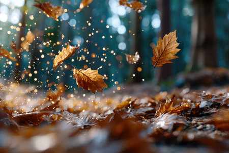 Dry autumn leaves fall through the air in a forestの写真素材
