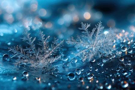 Two intricate snowflakes rest on a blue surface covered with water dropletsの写真素材