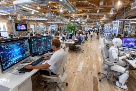 People and a robot work in a modern, open plan office spaceの写真素材