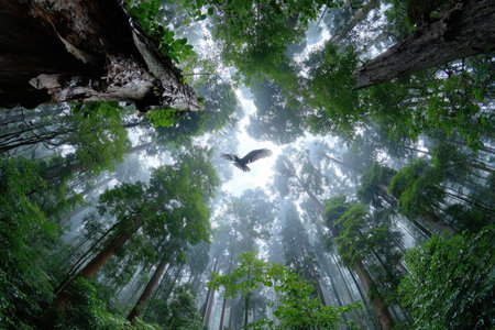 Low angle view of an eagle soaring through a misty forestの写真素材