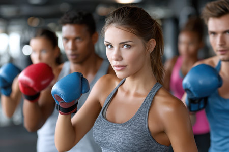 A group of individuals engaged in a boxing workout at a gym, focusing on techniques and empowerment.の写真素材