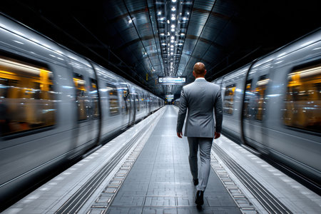 A businessman in a suit walks along a subway platform at night as trains arrive and depart nearby.の写真素材