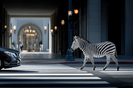A zebra crosses a busy city crosswalk during the day, approaching a parked luxury car and grand architecture.の写真素材