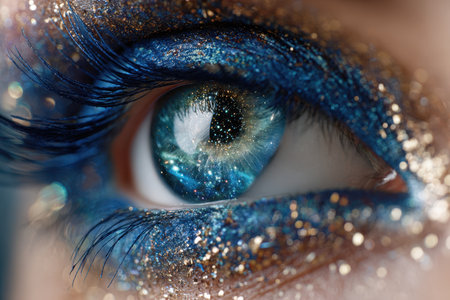 Close up of a human eye with blue and gold glitter makeupの写真素材