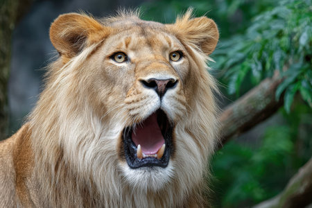 A lion roars with its mouth open, displaying its teeth and tongueの写真素材