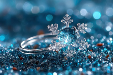 A crystal snowflake ring rests on sparkling blue glitterの写真素材