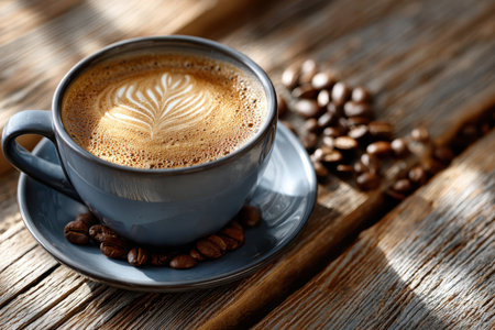 A gray cup of coffee sits on a wooden table with coffee beans scattered around, illuminated by soft morning light.の写真素材