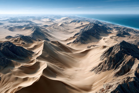 Aerial view of a desert landscape meeting the ocean under a clear blue skyの写真素材