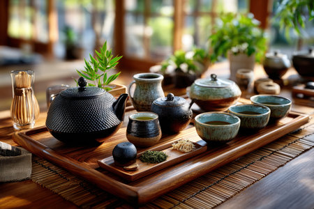 A traditional tea set is arranged on a wooden trayの写真素材