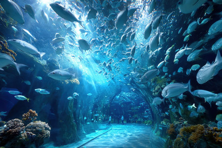 Fish swim above people in a large, clear underwater tunnel at an aquariumの写真素材