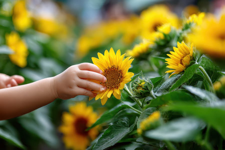 A young child gently touches a bright sunflower in a garden full of blooming flowers.の写真素材