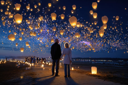 Two people hold hands while watching floating lanterns illuminate the night sky at a beach event.の写真素材