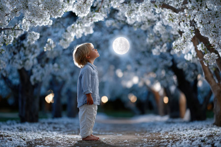 A young boy gazes up at a glowing full moon, surrounded by blooming cherry trees in a serene setting.の写真素材