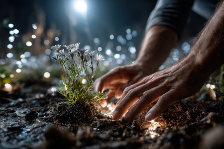 A person gently plants flowers into the soil, illuminated by soft lights in a nighttime garden setting.の写真素材