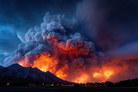 Volcanic eruption with lightning bolts striking from the ash cloud at twilightの写真素材