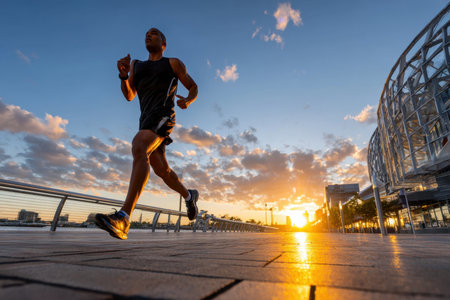 A man jogs along a city boardwalk at sunriseの写真素材