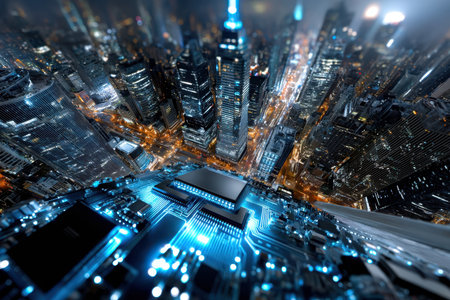 Aerial view of a cityscape at night with a computer chip in the foregroundの写真素材