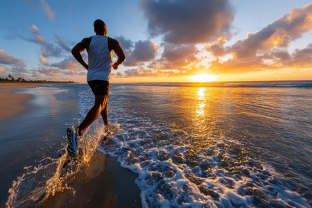 A man runs on the beach at dawn as the sun rises over the ocean, creating a vibrant sky and gentle waves.の写真素材