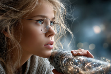 A girl with glasses looks intently at a glowing tube filled with sparkles, in a softly lit environment.の写真素材