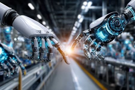 Two robotic arms touch index fingers in a factory settingの写真素材