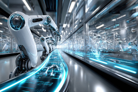Robotic arms work on a futuristic assembly line inside a high-tech factoryの素材