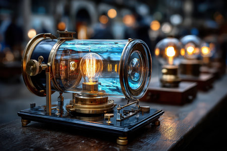 Various vintage lights are arranged on a table, illuminating a bustling outdoor market at dusk.の写真素材