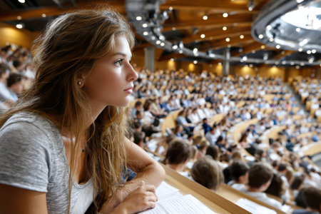 A young woman focuses intently as she attends a lecture in a crowded auditorium filled with students.の写真素材