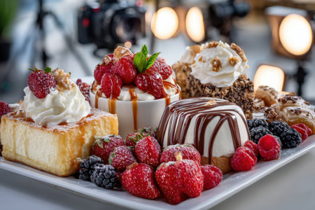 A platter of assorted desserts with fresh berries and whipped cream is beautifully presentedの写真素材