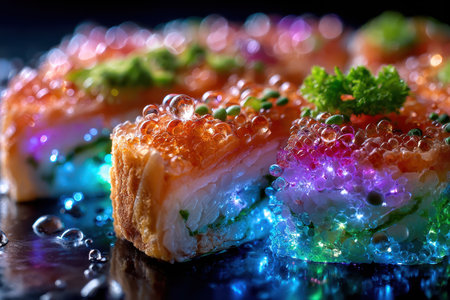 Closeup of colorful sushi rolls with boba pearls and glowing lightsの写真素材