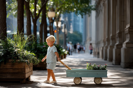 Young child walks along a city sidewalk, pulling a wagon filled with flowers, enjoying a sunny day.の写真素材