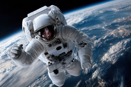 An astronaut floating in space, against the backdrop of a brightly lit Earth, captured with a telephoto lens, embodying human explorationの写真素材