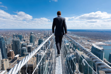 A man dressed in formal attire confidently walks along a narrow rooftop path with a wide city view.の写真素材