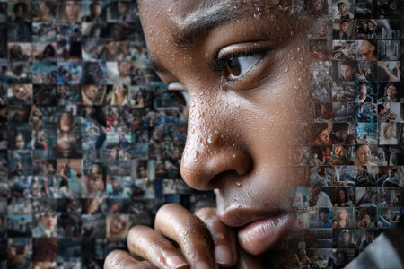 A young person contemplates deeply, surrounded by a collage of various human expressions and narratives.の写真素材