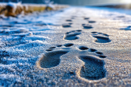 Bare footprints are imprinted on the icy ground at dawn, surrounded by a serene winter landscape.の写真素材