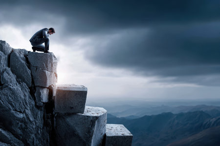 A man in formal wear sits on rocky cliffs, contemplating as stormy clouds gather overhead at dusk.の写真素材