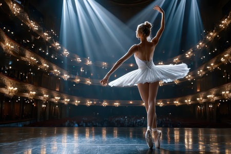 Ballet dancer showcases her skills in a stunning theater bathed in soft, glowing lights during a performance.の写真素材