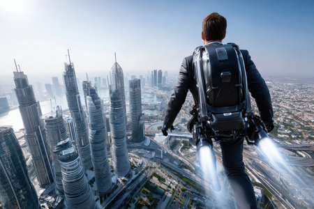 A daring individual uses a jetpack to fly over the stunning Dubai skyline, showcasing modern architecture.の写真素材