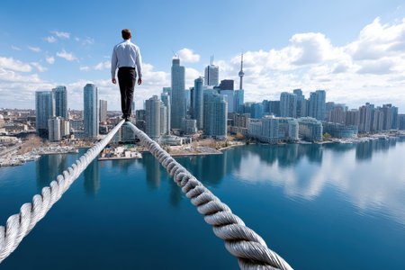A person balances on a tightrope high above a city skyline, showing impressive acrobatics against a blue sky.の写真素材
