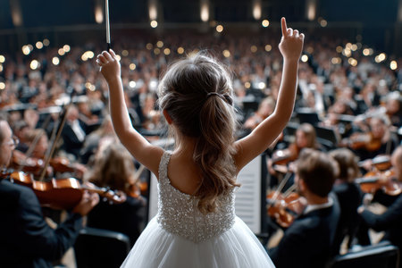A child confidently conducts a large orchestra, raising a baton for a lively performance.の写真素材