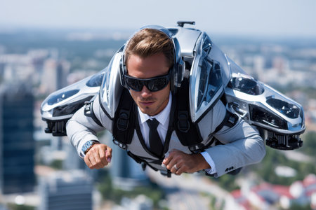 A man dressed in a suit uses a futuristic jetpack soaring over a vibrant urban skyline on a clear day.の写真素材